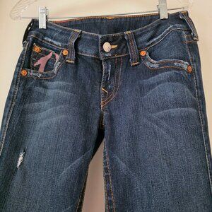 True Religion Jeans Women Denim Straight‎ Leg Pink Logo Pockets Distressed Sz 29
